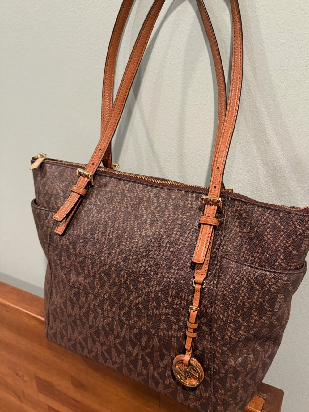 Michael Kors Brown/Tan MK Logo Tote with Gold Accent